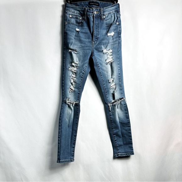 Aéropostale Sz 4 Short Medium Wash Denim Distressed Super High Rise Jeggings - Picture 1 of 7